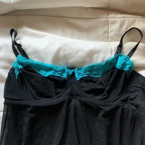 blue lace lined black lingerie top